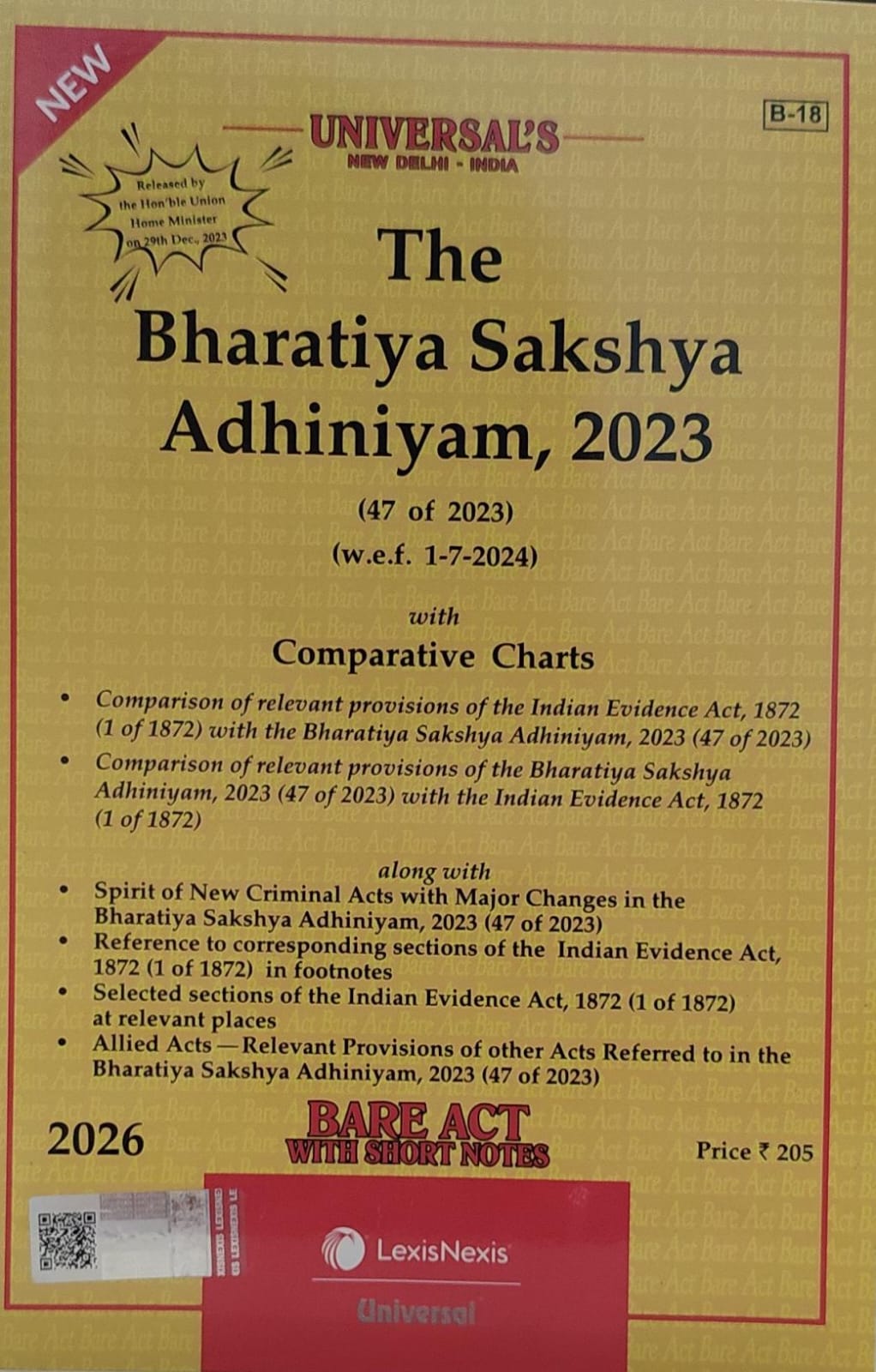 The Bhartiya sakshya adhiniya 2023 BARE ACT WITH SHORT NOTES UNIVERSAL LEXIS NEXIS